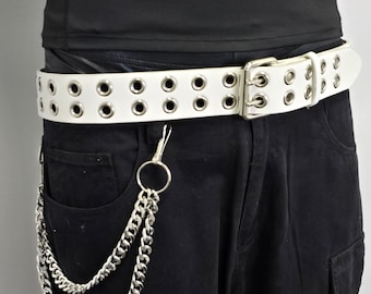 White Leather Grommet Leather Belt: Punk Rock Goth Style, Double Buckle