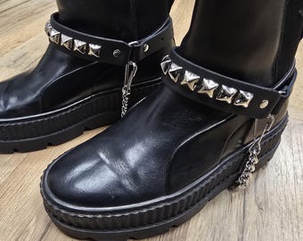 Studded Leather Boot Straps: Punk Goth Boot Harness with Chain