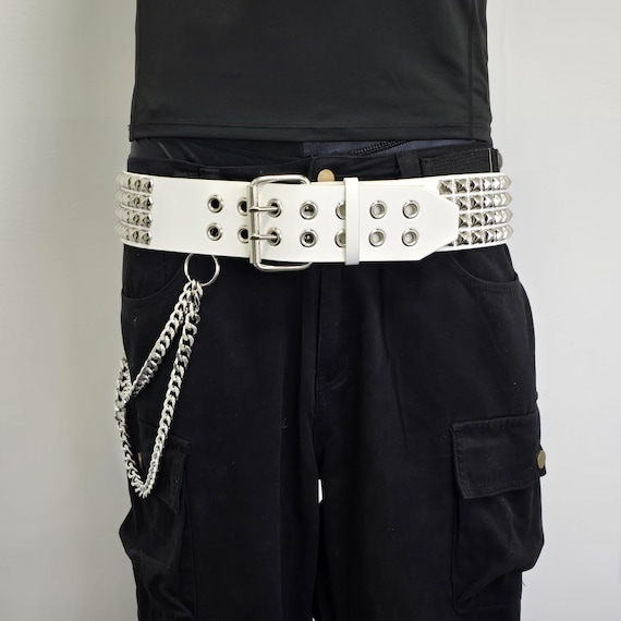 Four Row White Genuine Leather Pyramid Studded Leather Belt: UK