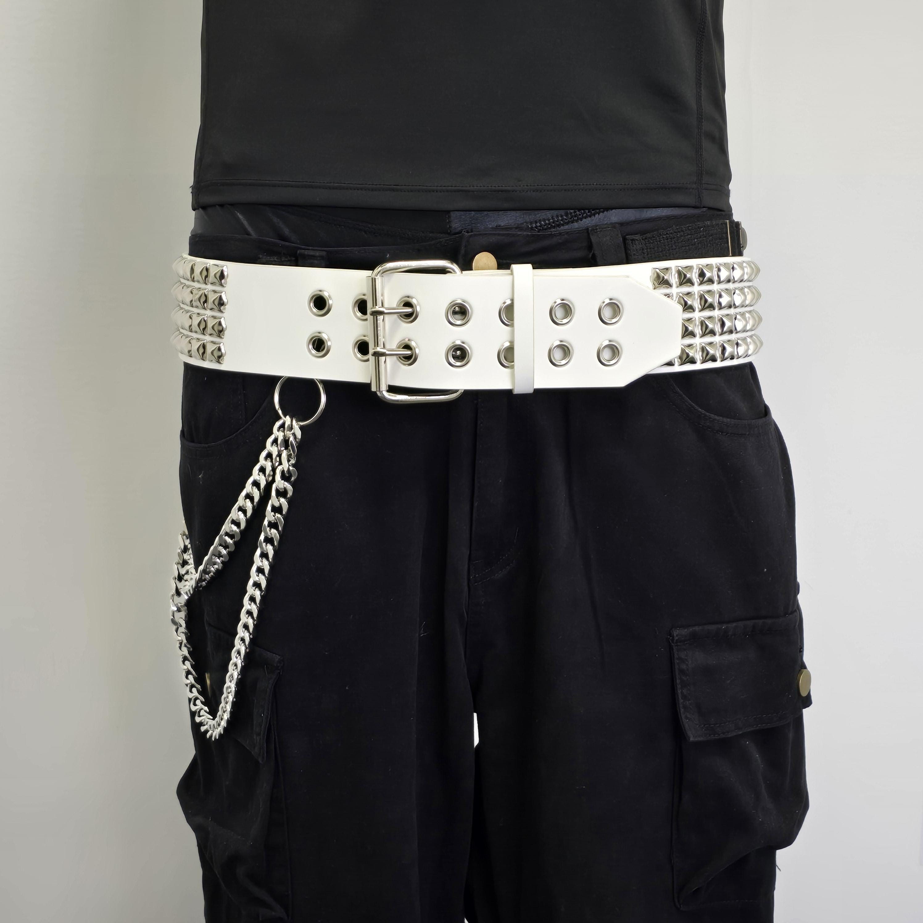 Four Row White Genuine Leather Pyramid Studded Leather Belt: UK