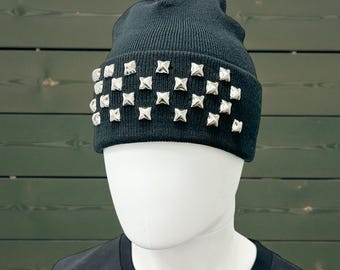 Black Spike Studded Cuffed Beanie, Skull Cap, Winter Hat, Rocker