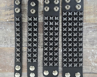 Black Leather Studded Bracelet: Punk Goth Pyramid Cuff