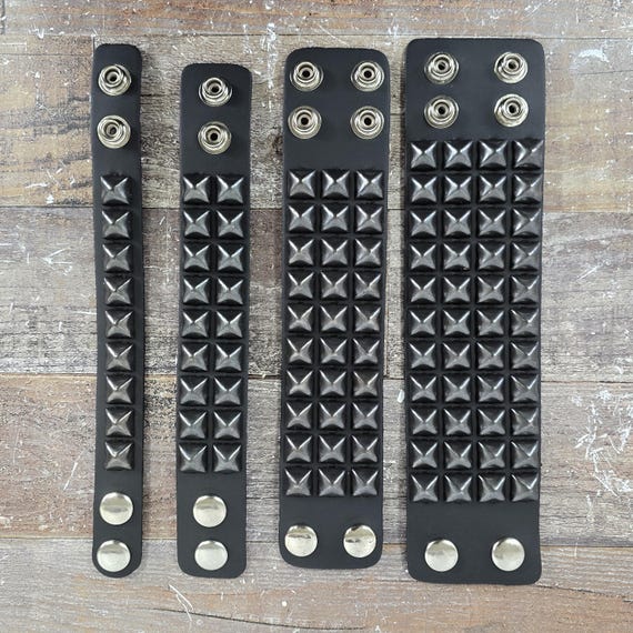 Black Leather Studded Bracelet: Punk Goth Pyramid Cuff