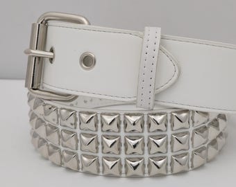 White Leather Fully Pyramid Studded Belt - Etsy India