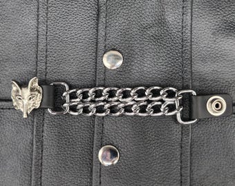 Extensores de chaleco Wolf Snap - Chaleco de motociclista de cuero con doble cadena cromada, accesorio para chaqueta - Hecho a mano en EE. UU.