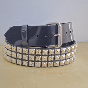 Three Row Pyramid Studded Vinyl PVC Punk Rock Shiny Heavy Duty PVC Belt Roller  Buckle Goth Belt