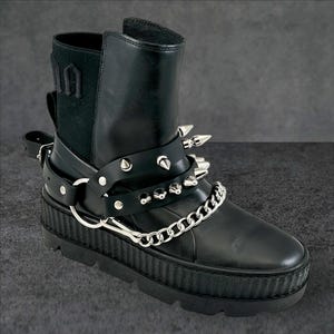 Double Strap UK77 Stud & 1&quot; Spike Leather Bootstrap Boot Harness Ring Chain Strap Shoe Strap Punk Goth Alternative