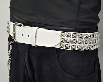 White Studded Leather Belt Silver Rivets Thick Wide Genuine  display picture 1