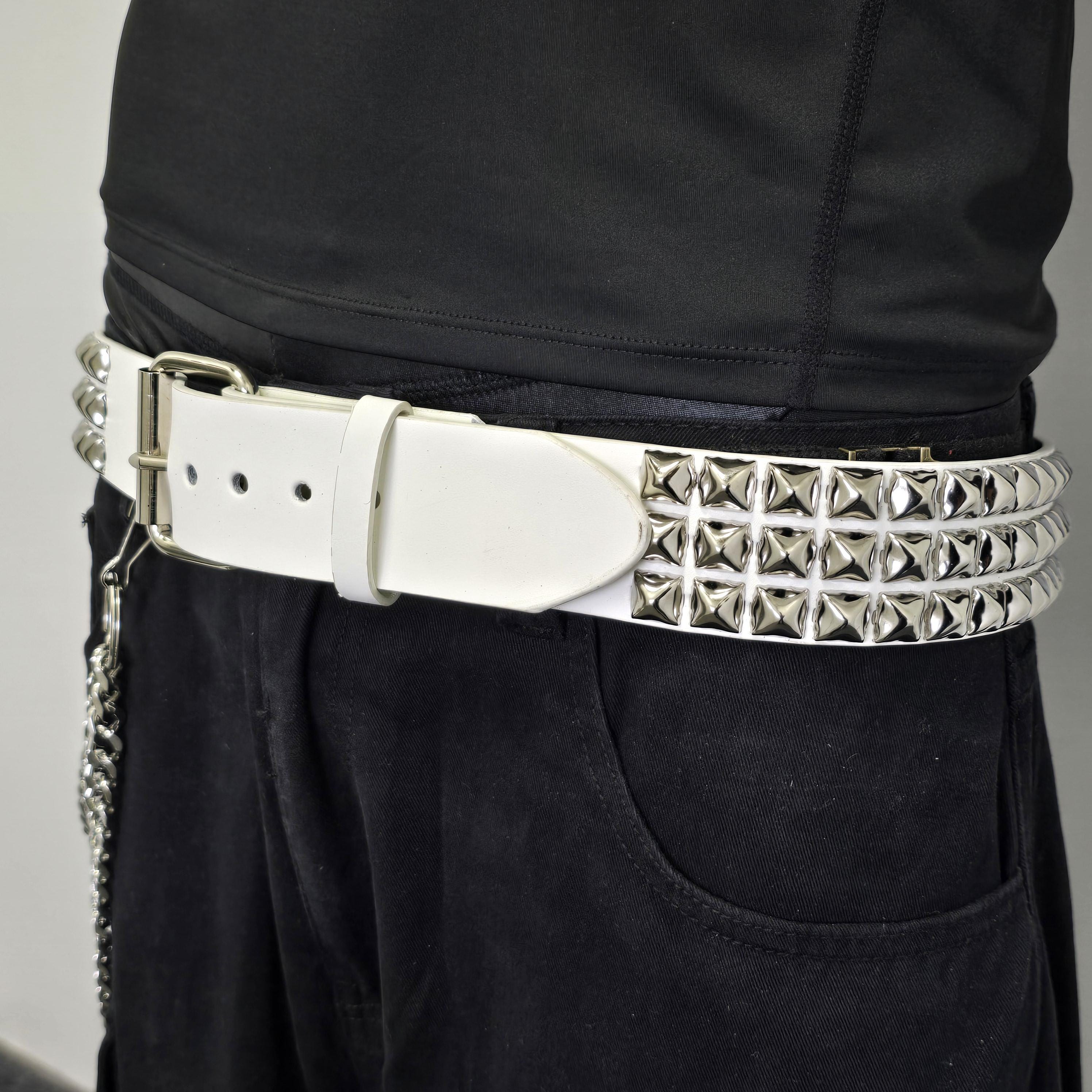 White Genuine Leather Pyramid Studded Leather Belt: UK Punk Rock