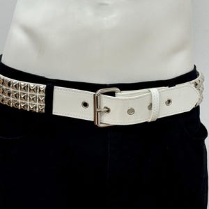 Glossy White Three Row Pyramid Studded Belt Vegan Leather Carpenters Punk Goth Belt Edge Stitched