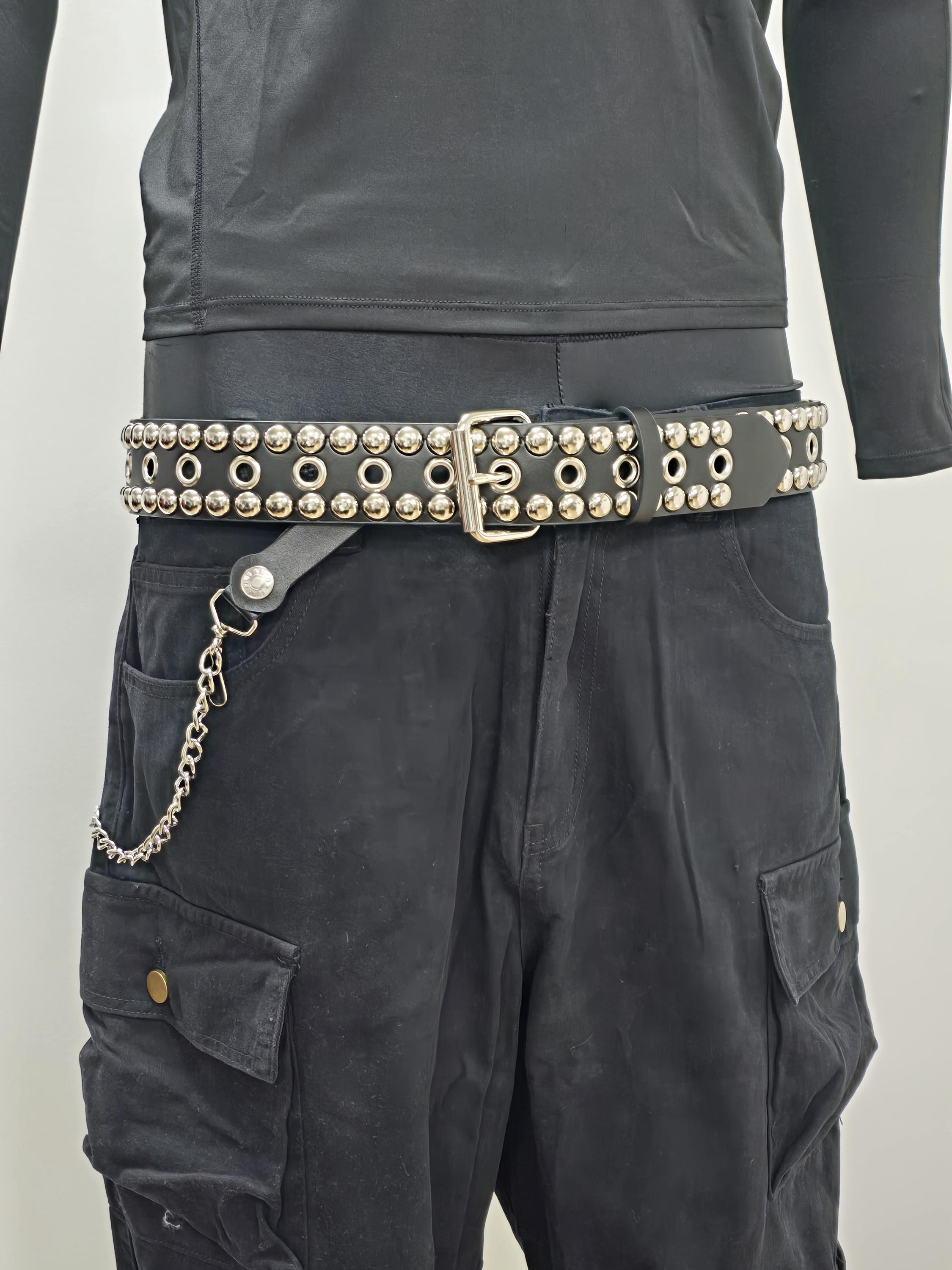 PU Leather Studded Belt with Silver Metal Grommets, Punk Rock Style Studded Belt Women's Black Belt With Silver Holes PU  main image 4