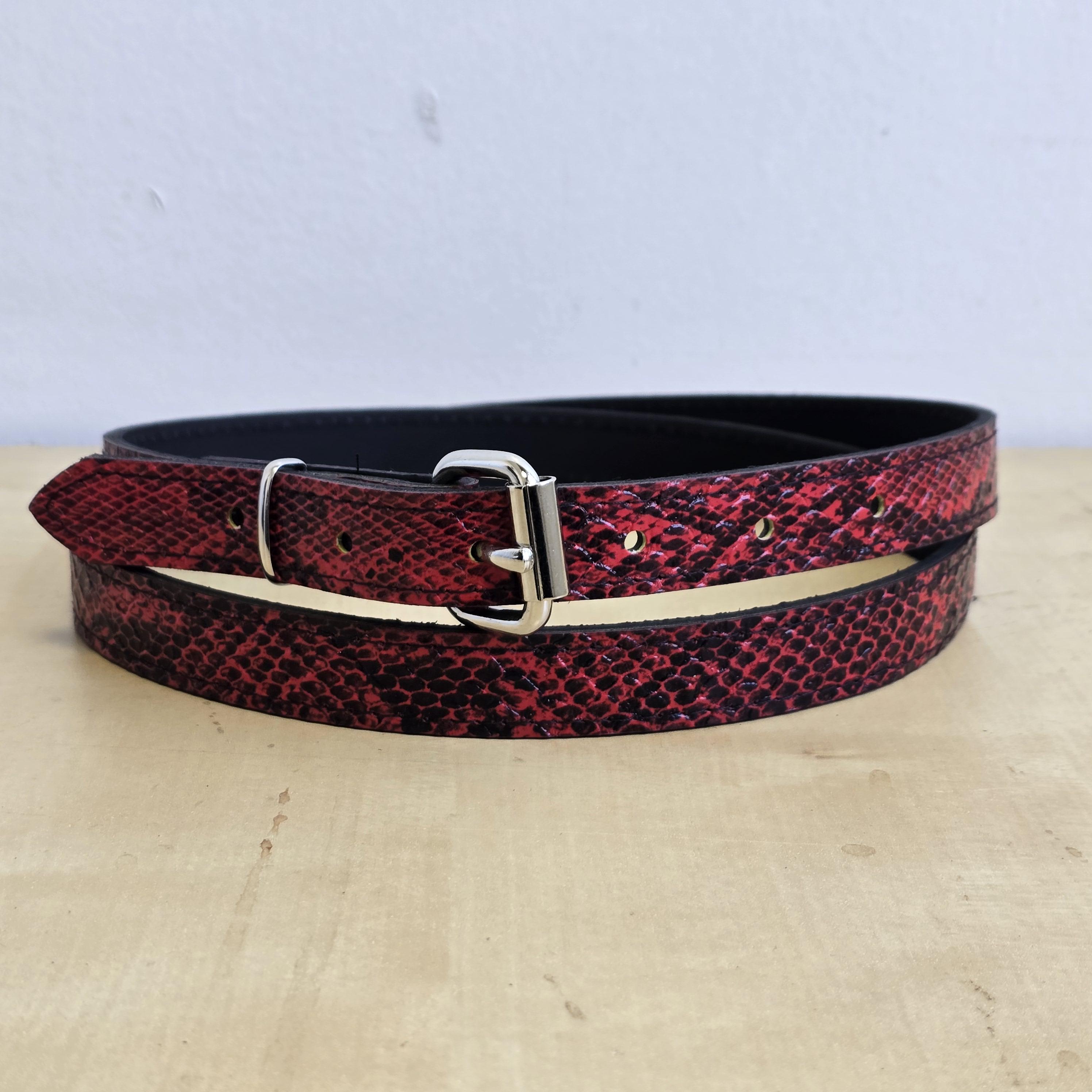 Red Snake Embossed Vegan Leather Belt: Skinny Punk Goth  display picture 2