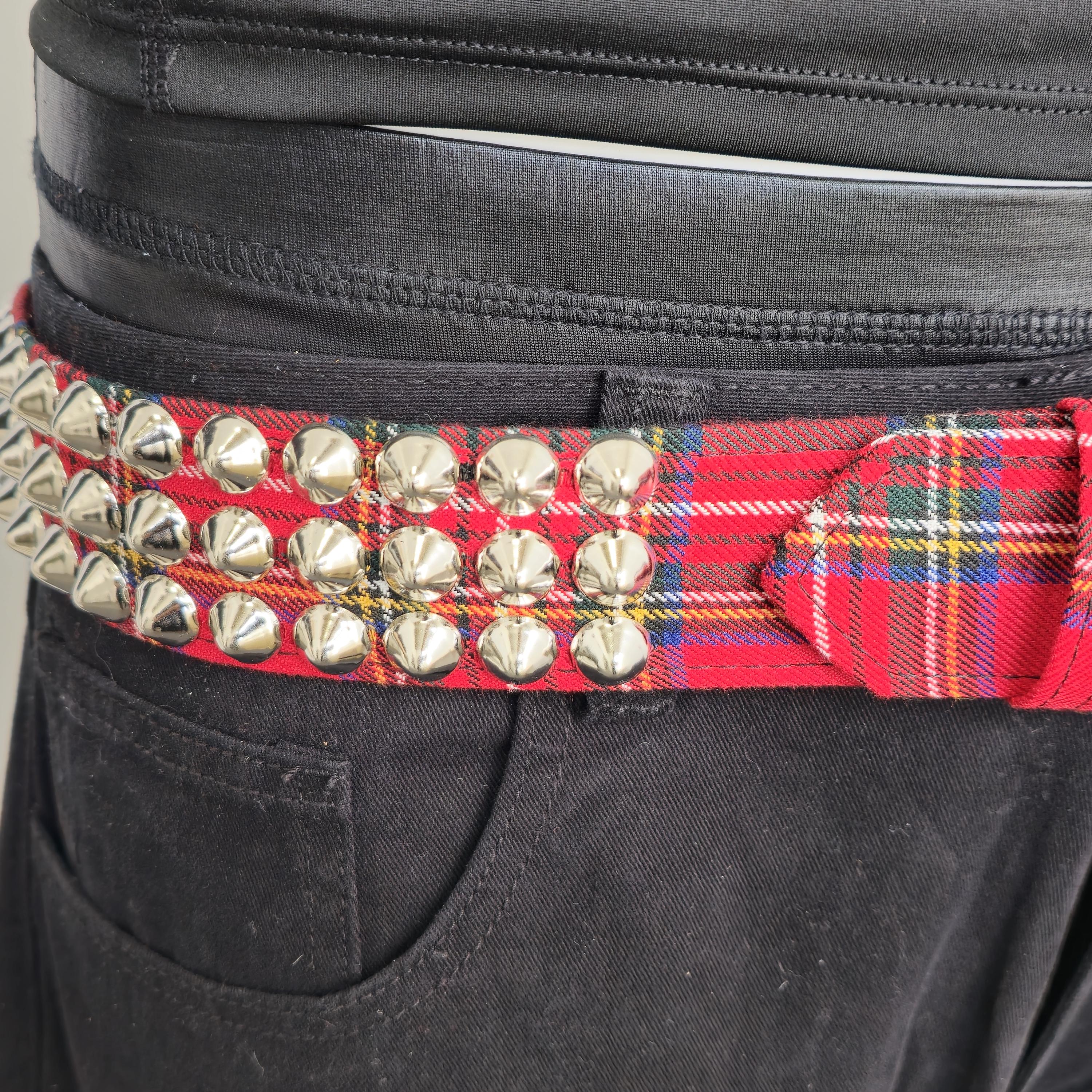 Plaid Punk Rock Studded Belt: Red Tartan, Bonded Leather  display picture 1