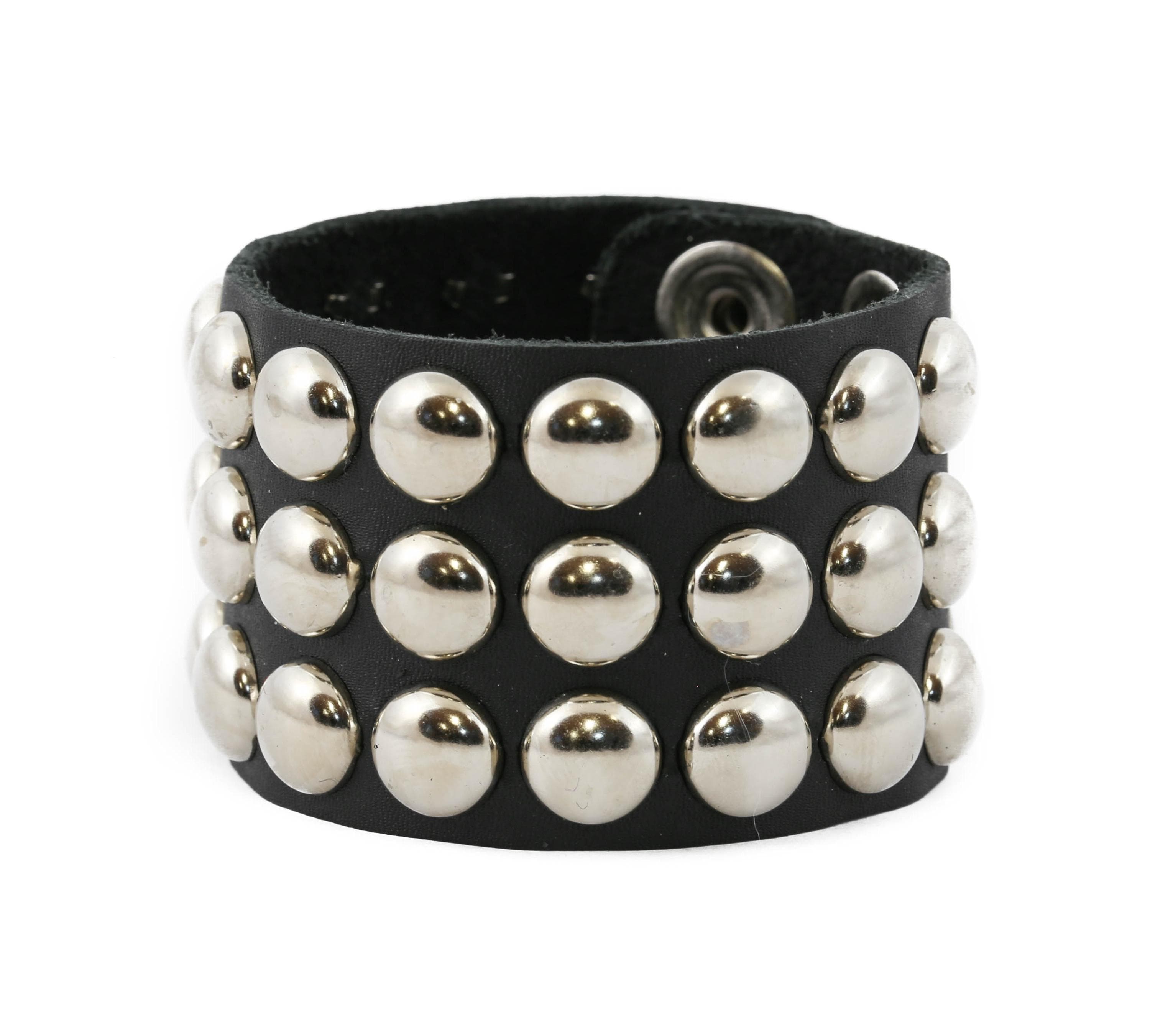 Three Row Large 1/2" Dome Round Studded Cuff Buckle Punk Rock Goth Bracelet