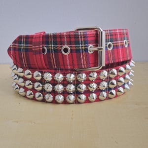 Plaid Red Three Row Cone  Studded Punk Rock Bonded Leather Inside  Belt Snap Off Roller  Buckle Leather Loop