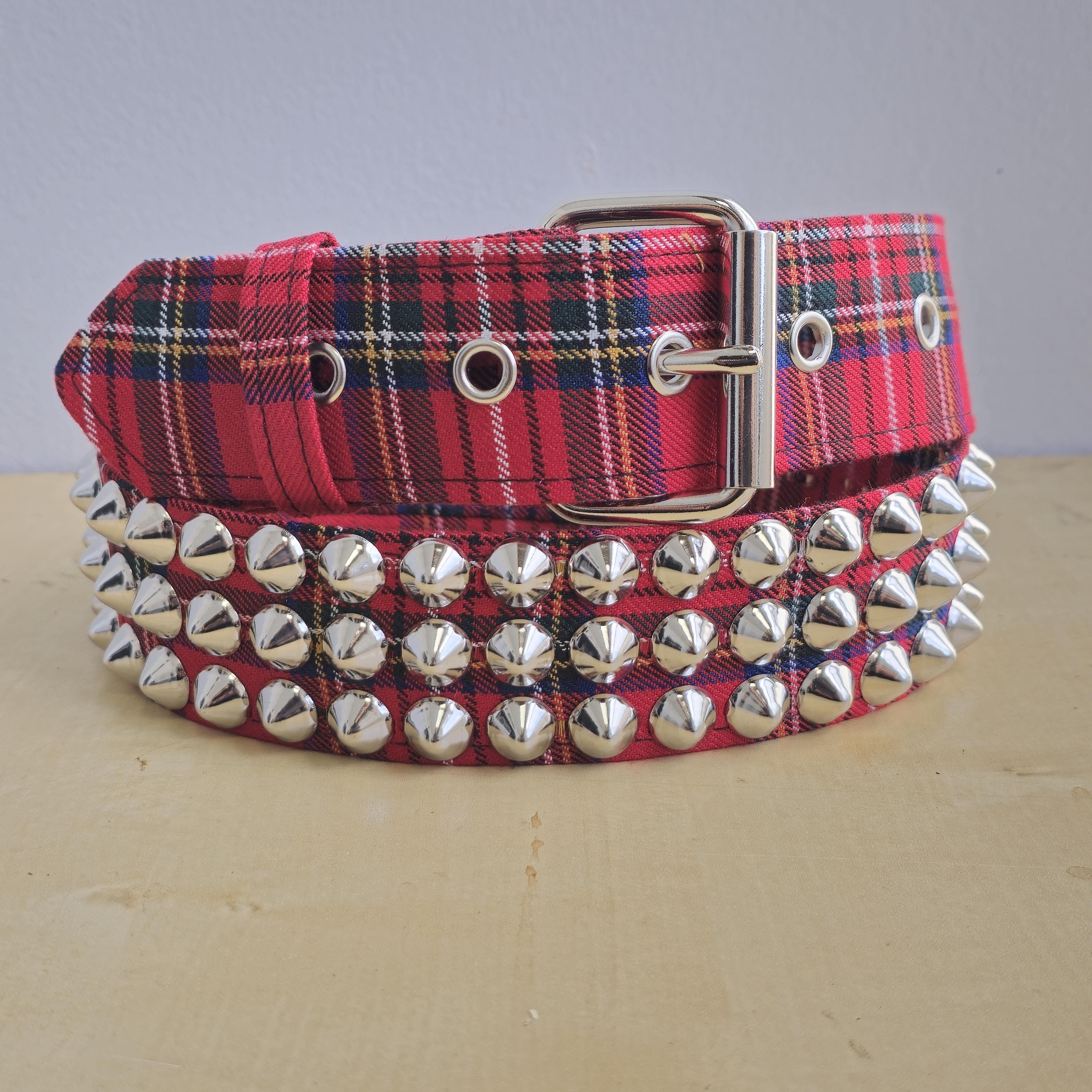 Plaid Punk Rock Studded Belt: Red Tartan, Bonded Leather  display picture 1