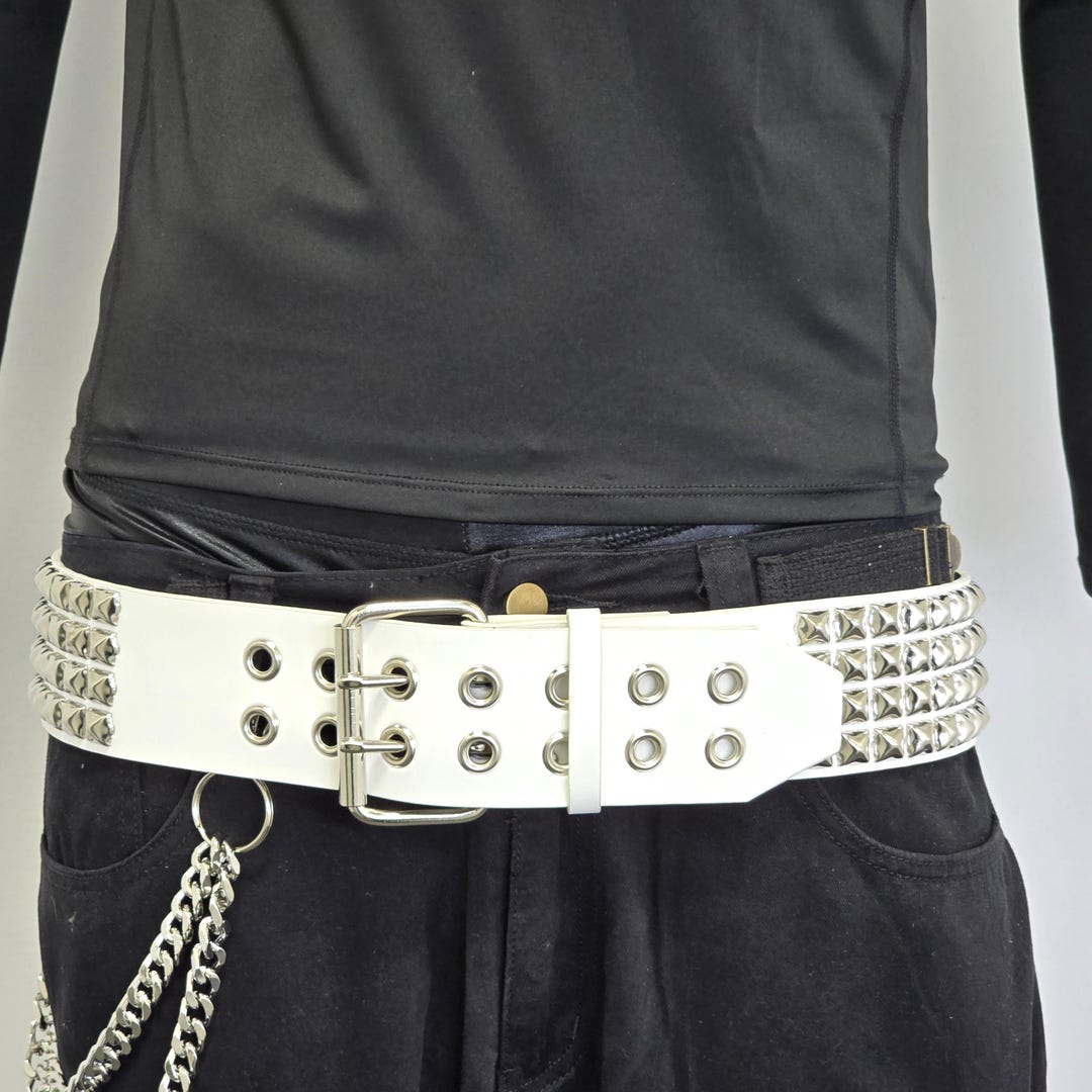 Four Row White Genuine Leather Pyramid Studded Leather Belt: UK