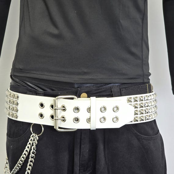 Four Row White Genuine Leather Pyramid Studded Leather Belt: UK