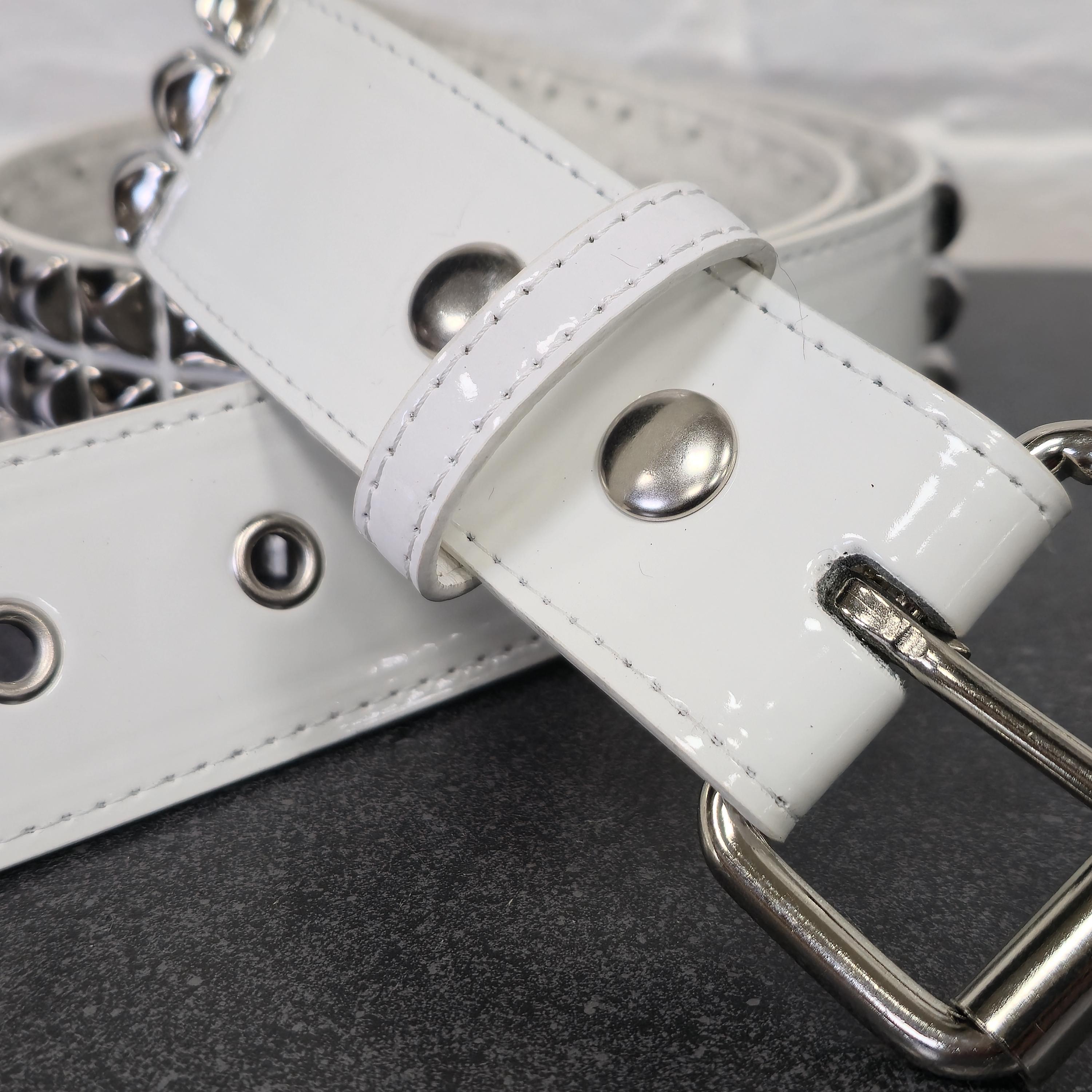Glossy White Pyramid Studded Belt: Vegan Leather Punk Goth Style