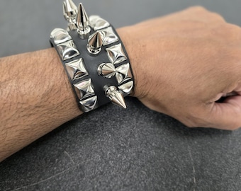 Genuine Leather Spike Studded Buckle Bracelet Punk Rock Goth Alternative Style