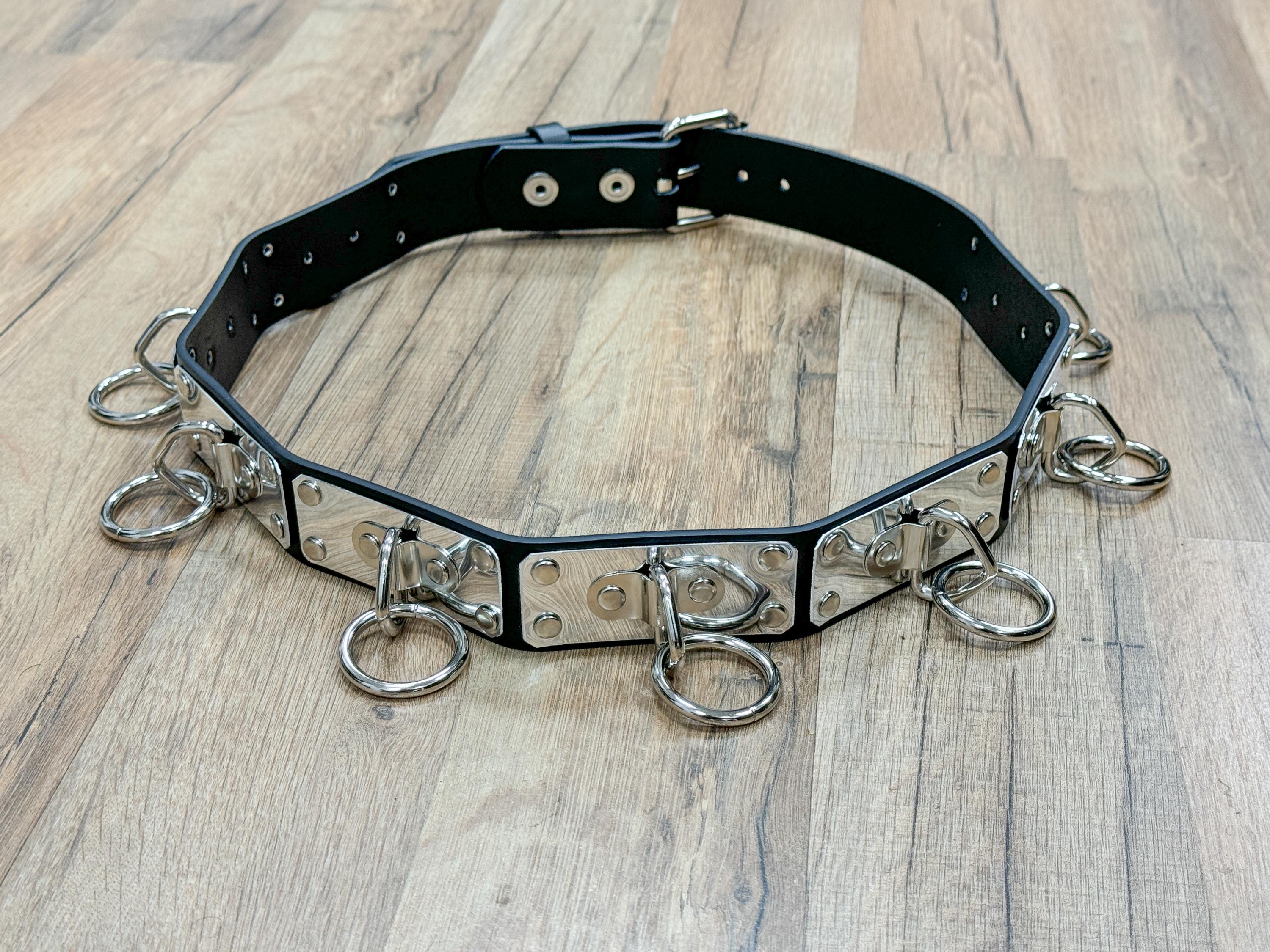Metal Plate O Ring Bondage Belt Genuine Cowhide Leather 