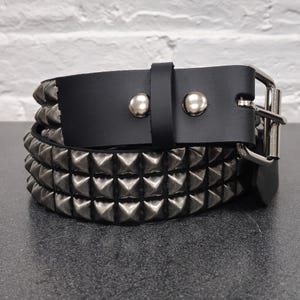 Vintage Antique Silver Three Row Pyramid Studded UK Punk Rock Genuine Leather Belt Snap Off Roller  Buckle Leather Loop