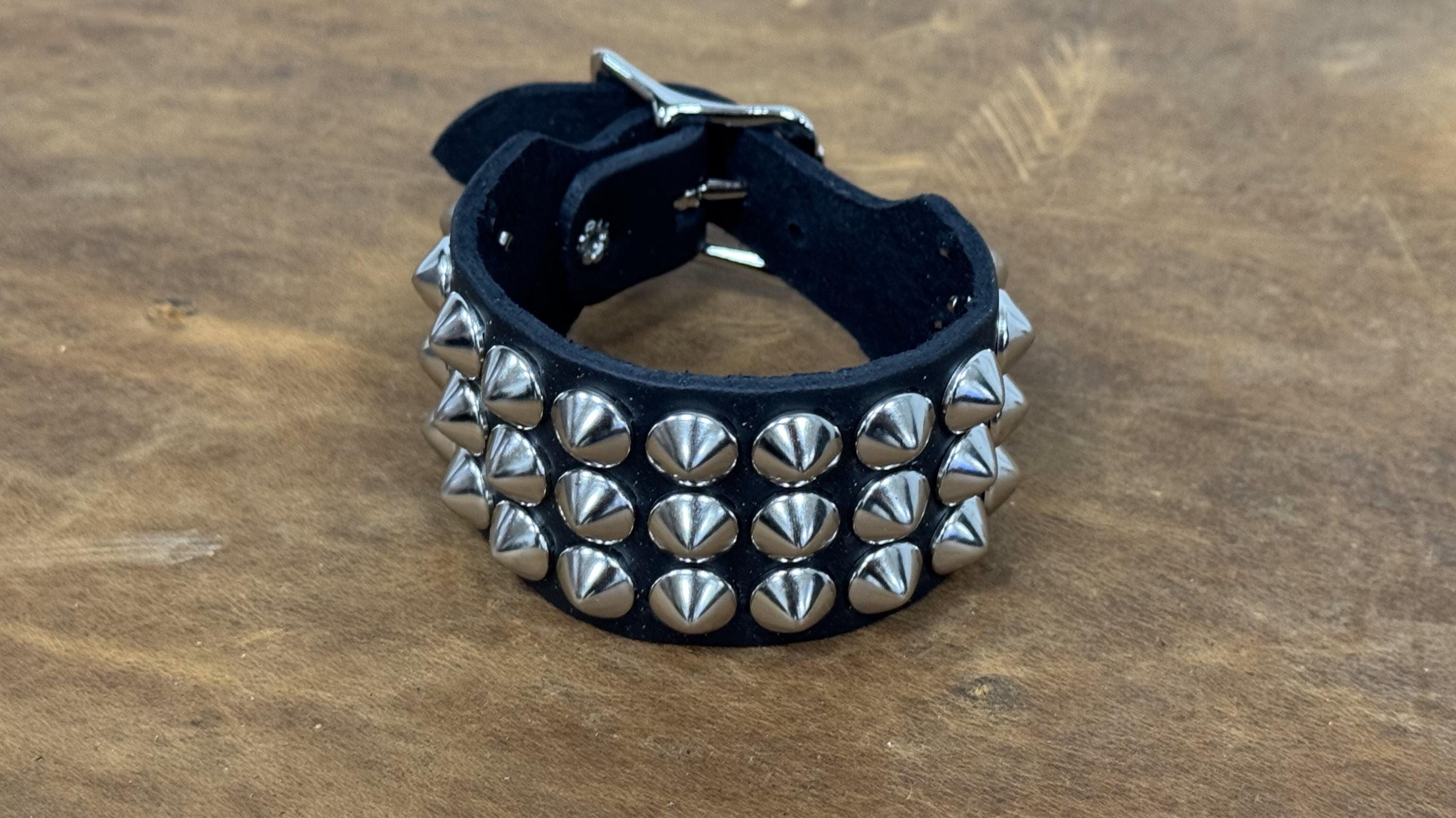 Three Row Cone Stud Conical Studded Buckle Cuff Genuine Leather Punk ...