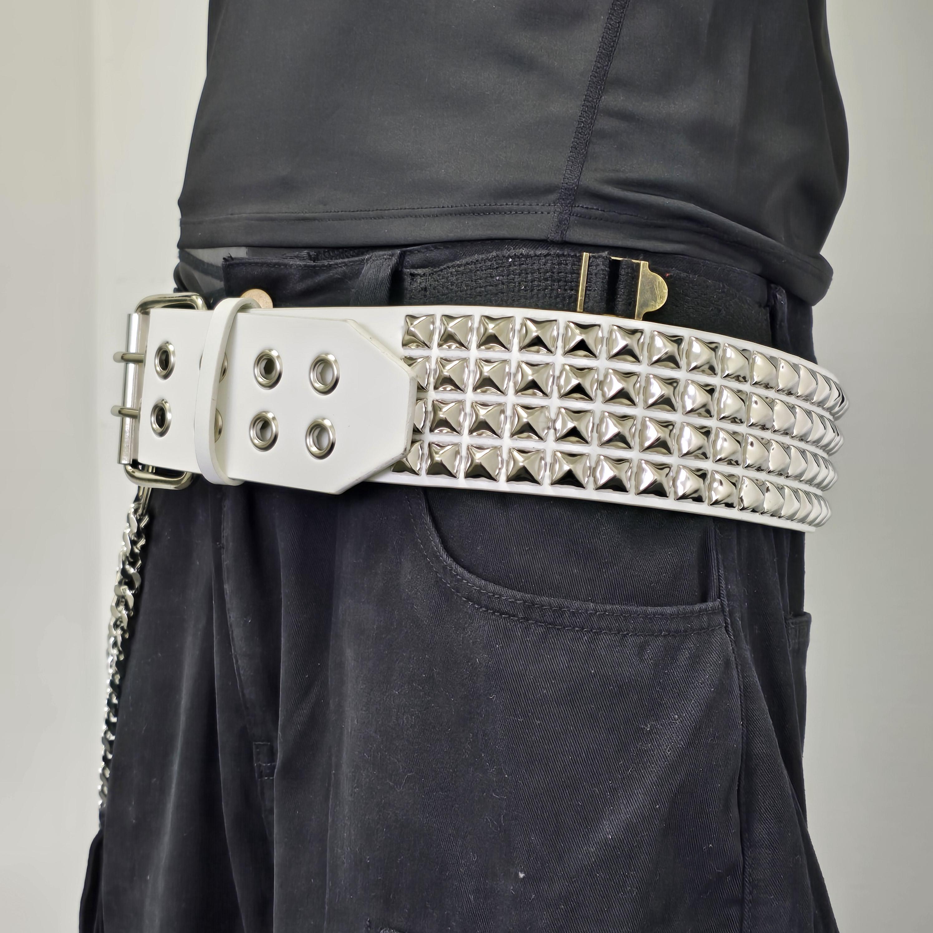 Four Row White Genuine Leather Pyramid Studded Leather Belt: UK