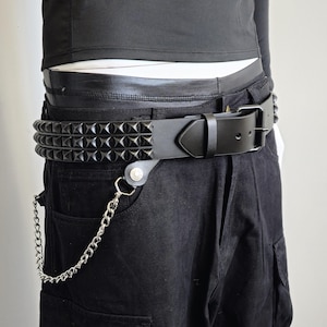 Three Row Black Pyramid Studded UK Punk Rock Genuine Leather Belt Snap Off Roller  Buckle Leather Loop