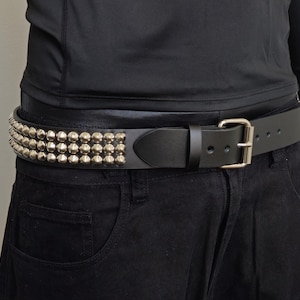 Three Row Small Conical Studded English Punk Rock Genuine Leather Belt Snap Off Roller  Buckle Leather Loop