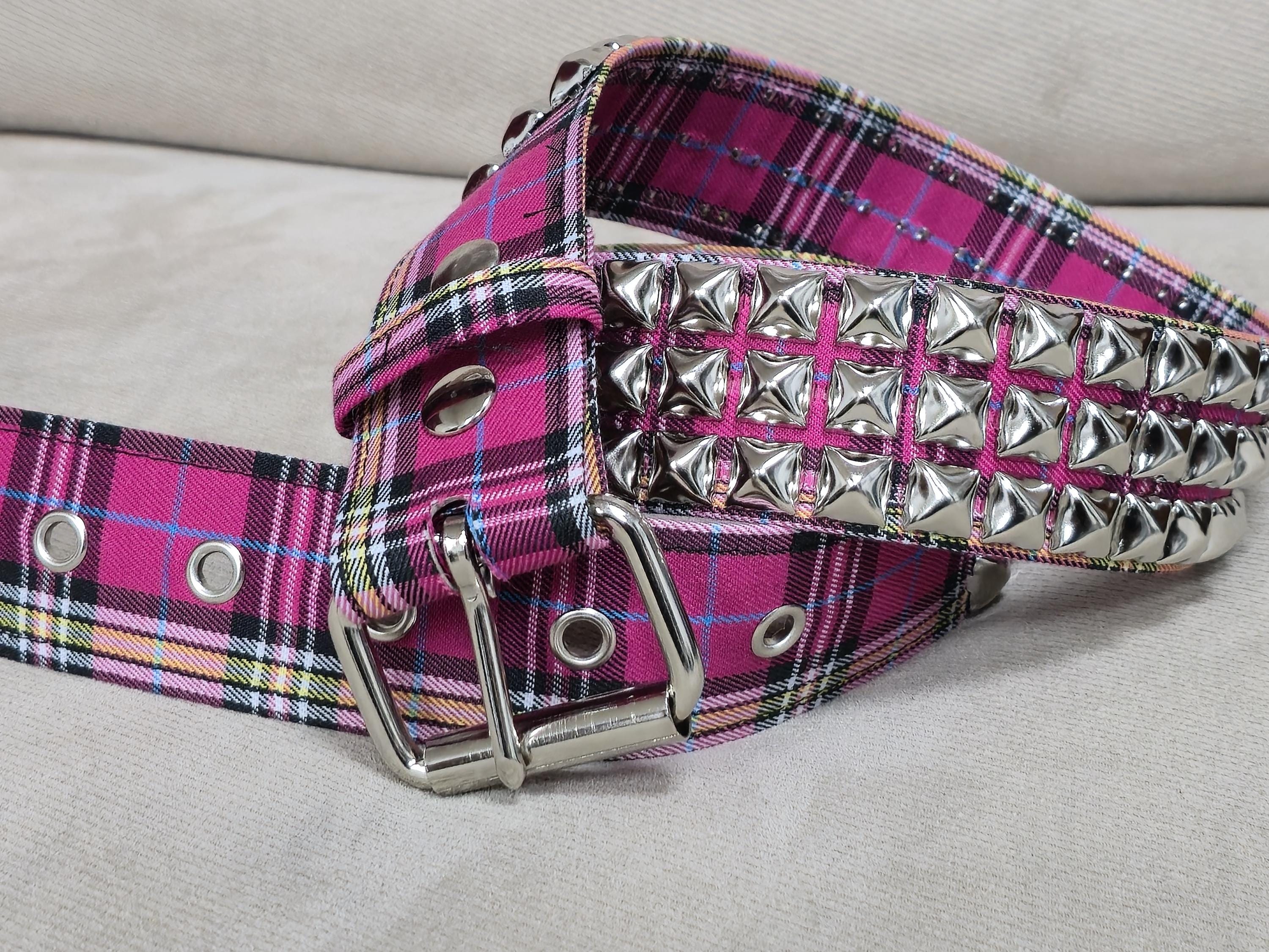 Pink British Punk Plaid Pyramid Studded Belt: Punk Rock Roller