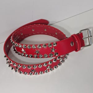 Vegan Red LeatherStar Studded English Cone Queen Belt Punk Rock  Belt Snap Off Roller  Buckle Leather Loop