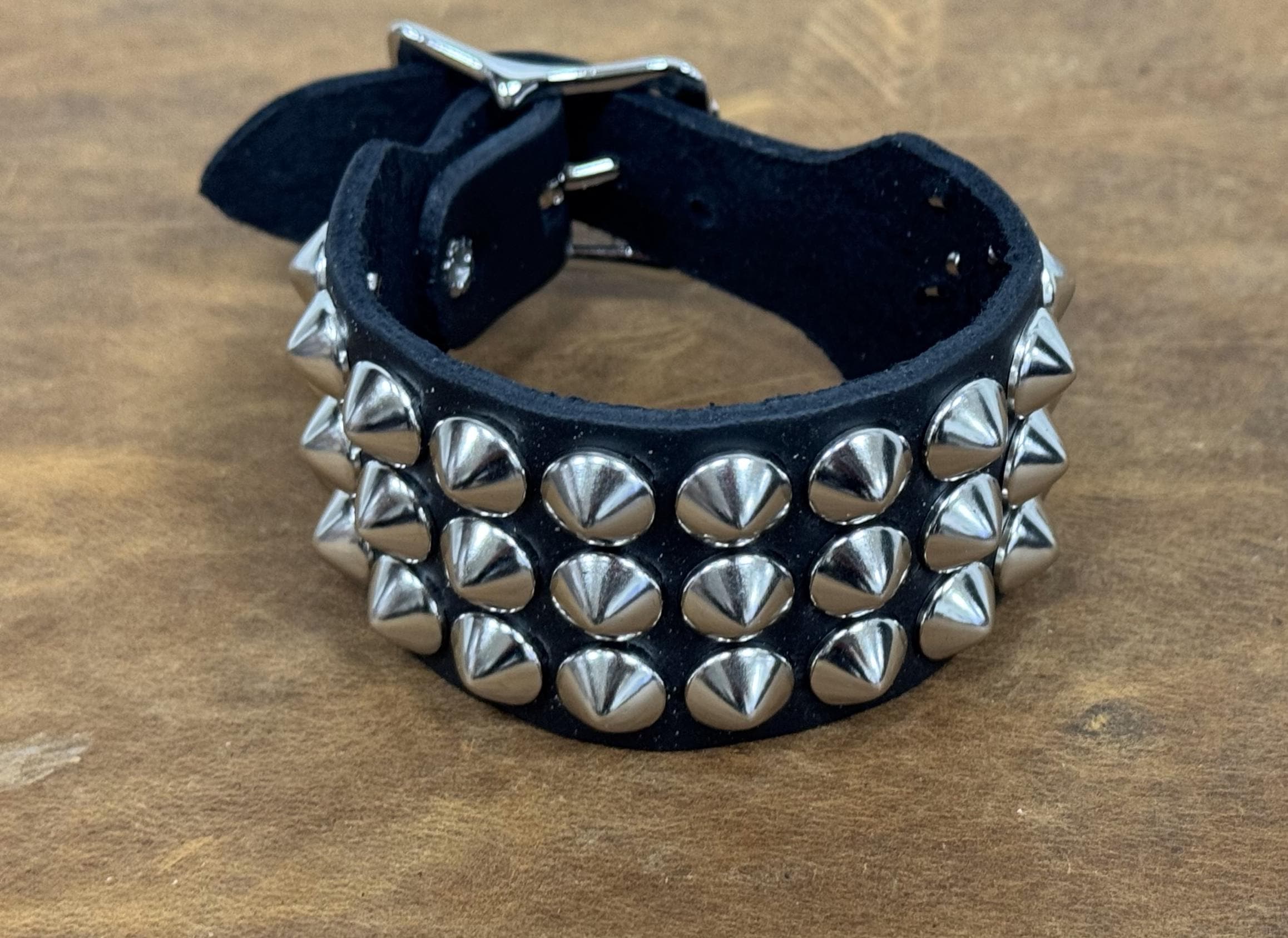 Three Row Cone Stud Conical Studded Buckle Cuff Genuine Leather Punk ...