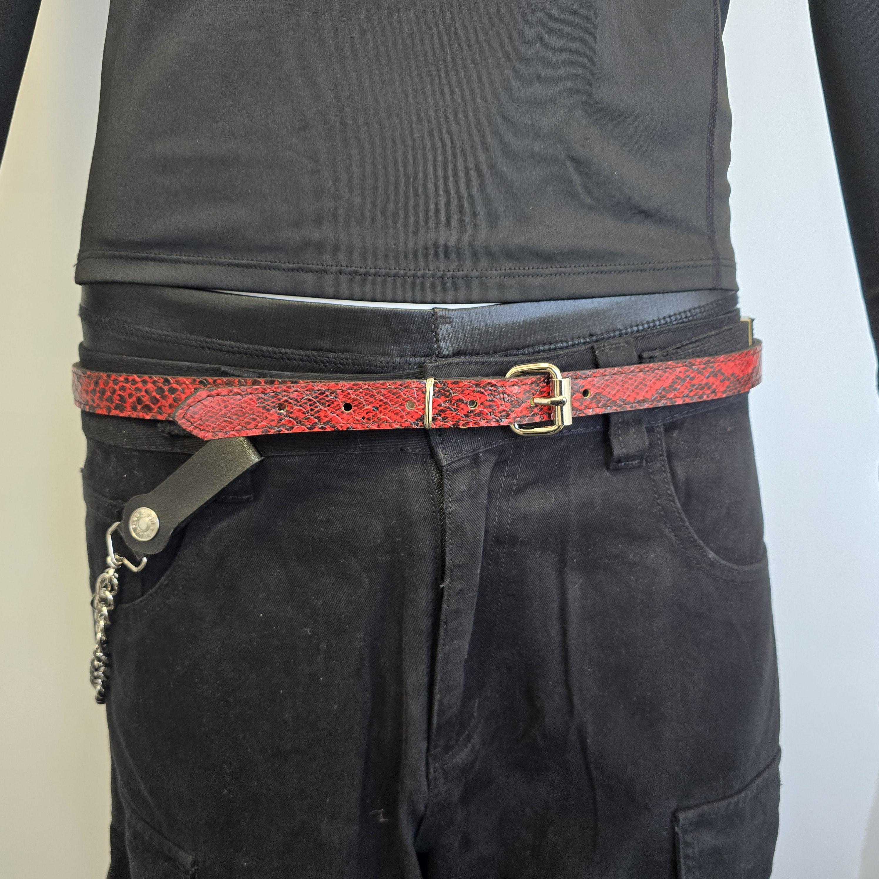 Red Snake Embossed Vegan Leather Belt: Skinny Punk Goth  display picture 3