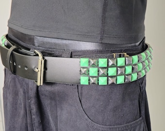Punk Green Studded Belt, 2 Row Conical, Real Leather Belt  display picture 1