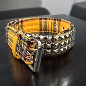 May include: A dog collar with a yellow and black tartan pattern, featuring silver pyramid studs. The collar has a silver buckle and a yellow lining. The tartan design incorporates red and black stripes.