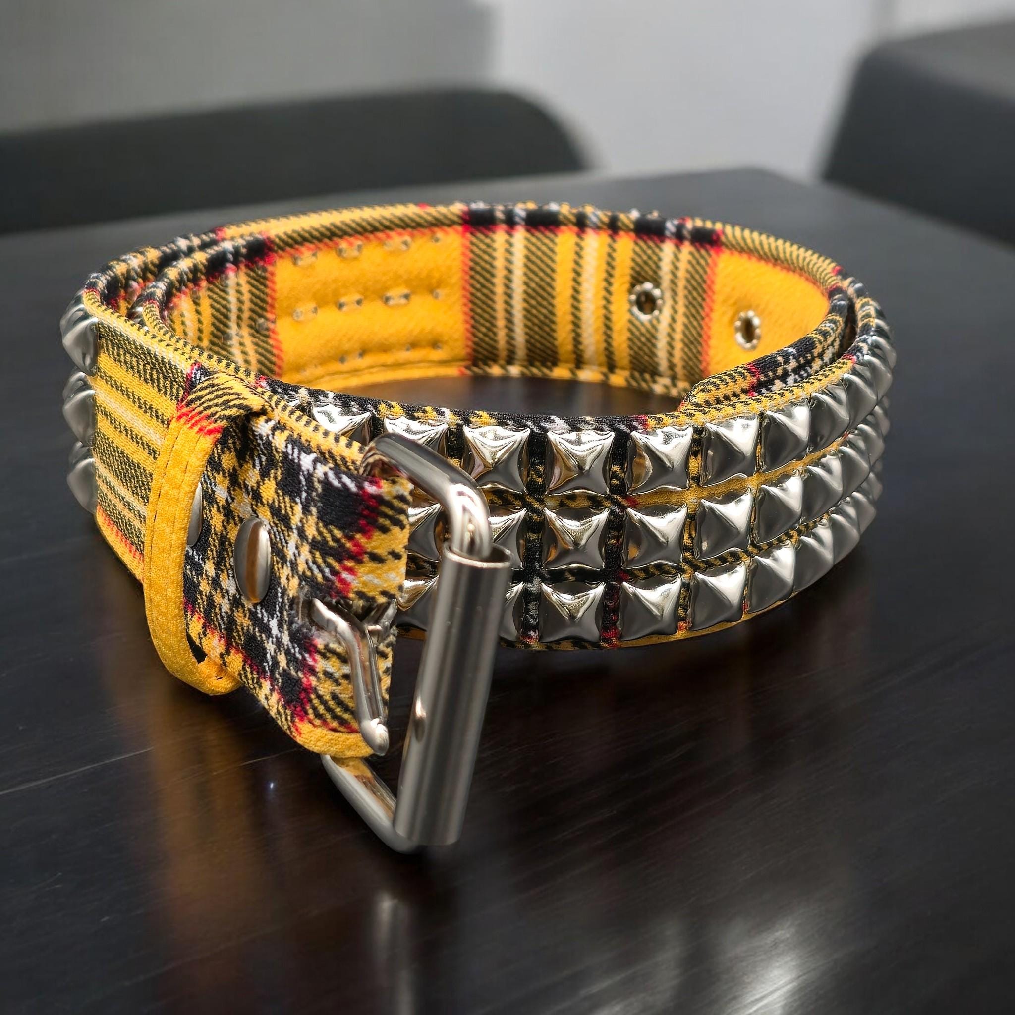 Yellow British Punk Plaid Pyramid Studded Belt: Punk Rock Roller