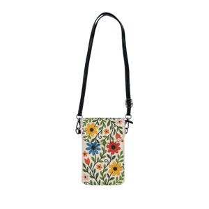 Petit sac à bandoulière avec fleurs brodées, trois compartiments avec porte-cartes de crédit caché