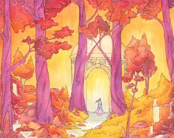 Wydruk artystyczny Cathedral Fantasy – Fantastyczna scena leśna w akwarelach