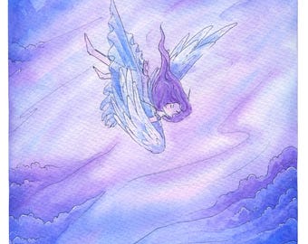 Aquarelkunstdruk gevallen engel – grillige fantasiewolkscène