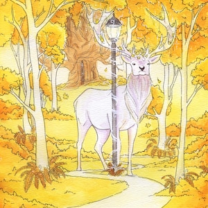 Into Narnia - Fantasy art print, watercolor painting, whimsical forest scene, lantern, stag, deer, elk, living room decor, original artwork