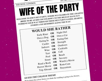 Personalised Printed Hen Party Games – Newspaper Style