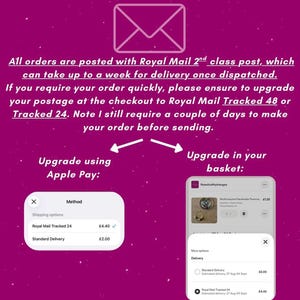 May include: A magenta informational graphic featuring a white envelope icon at the top. The text provides instructions on shipping methods, including Royal Mail 2nd class, Tracked 48, and Tracked 24. Two white arrows point down to screenshots showing Apple Pay and basket delivery options.