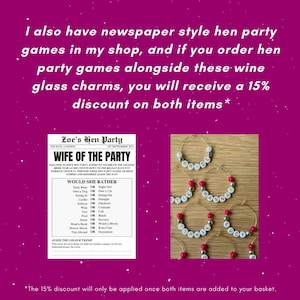 May include: A white rectangular card featuring black text titled Zoe's Hen Party with a Would She Rather game, alongside several gold hoop wine glass charms with white letter beads spelling names like Bride, Hannah, Sophie, and Lucy.