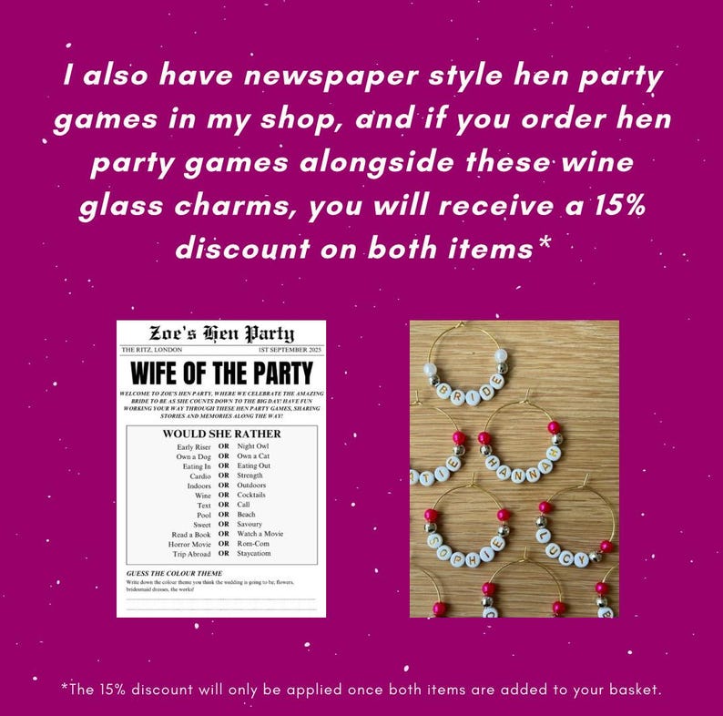 May include: A white rectangular card featuring black text titled Zoe's Hen Party with a Would She Rather game, alongside several gold hoop wine glass charms with white letter beads spelling names like Bride, Hannah, Sophie, and Lucy.