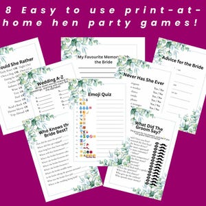 Hen Party Printable Games Bundle - Botanical Hen Do Game/ Bachelorette Game / Bridal Shower Game / Clean Hen Party Games / Eucalyptus Theme