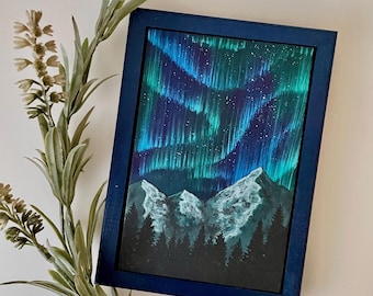 Opera originale, Aurora Boreale, Luci del Nord, Dipinto ad olio, 13 x 17,5 cm, 5,11 x 6,8''