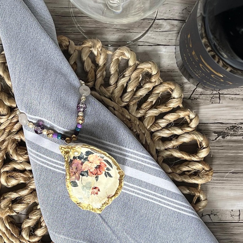 Lavender Floral Oyster Shell Napkin Ring | Beaded Shells | Coastal ...