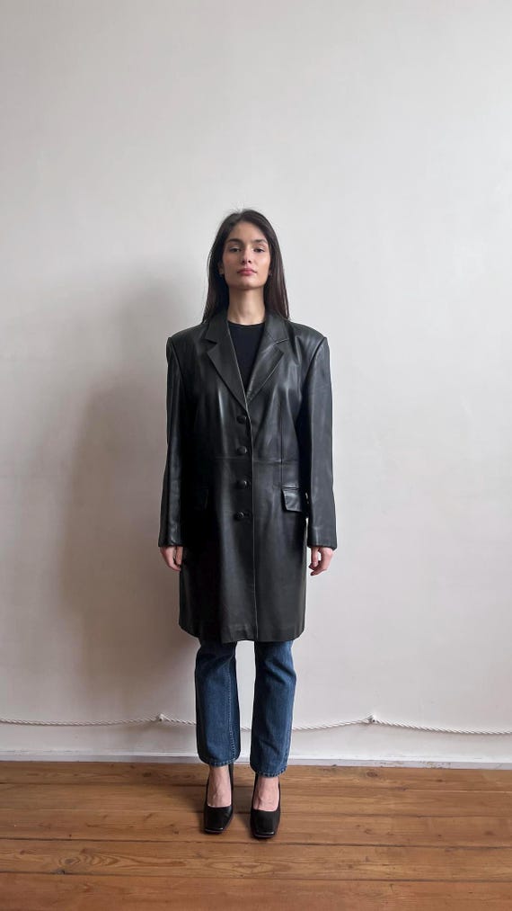 Women Black Leather Trench Coat Vintage Long Leather Coat 
