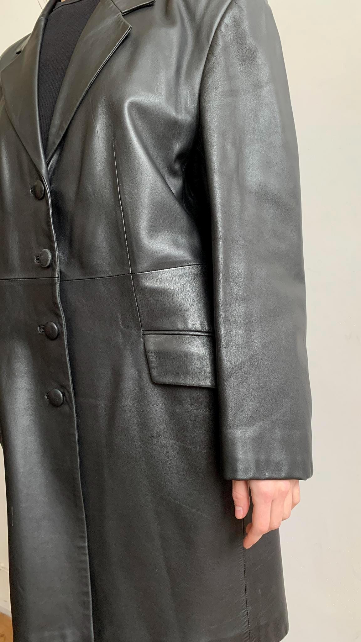 Women Black Leather Trench Coat Vintage Long Leather Coat Women Black Leather Trench Coat Vintage Long Leather Coat